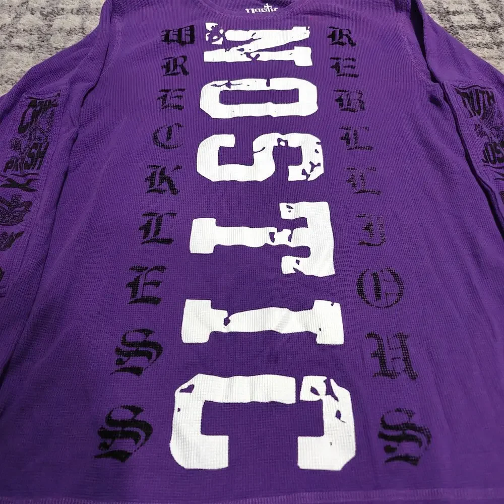 Nostic Y2K Mens L Purple Thermal Waffle Long Sleeve Graphic Shirt Velvet Flock